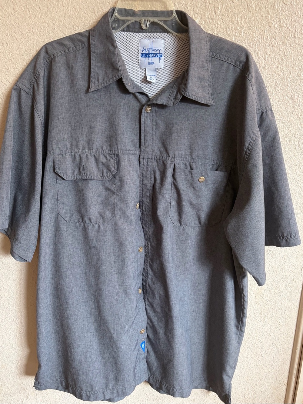 Guy Harvey Men's Short-Sleeve Gray Button-Up Shirt fishing vented size 2XL